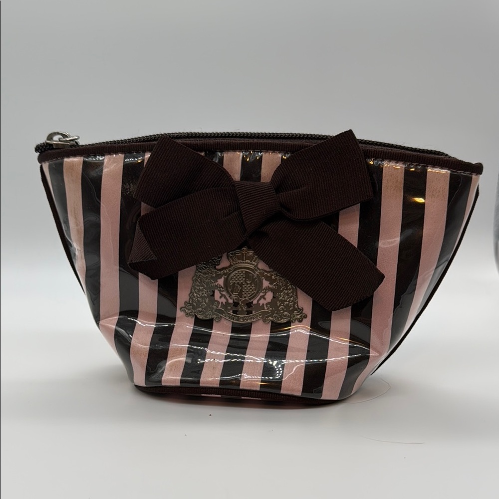 Juicy Couture Pink and Brown Cosmetic Bag with Striped Design